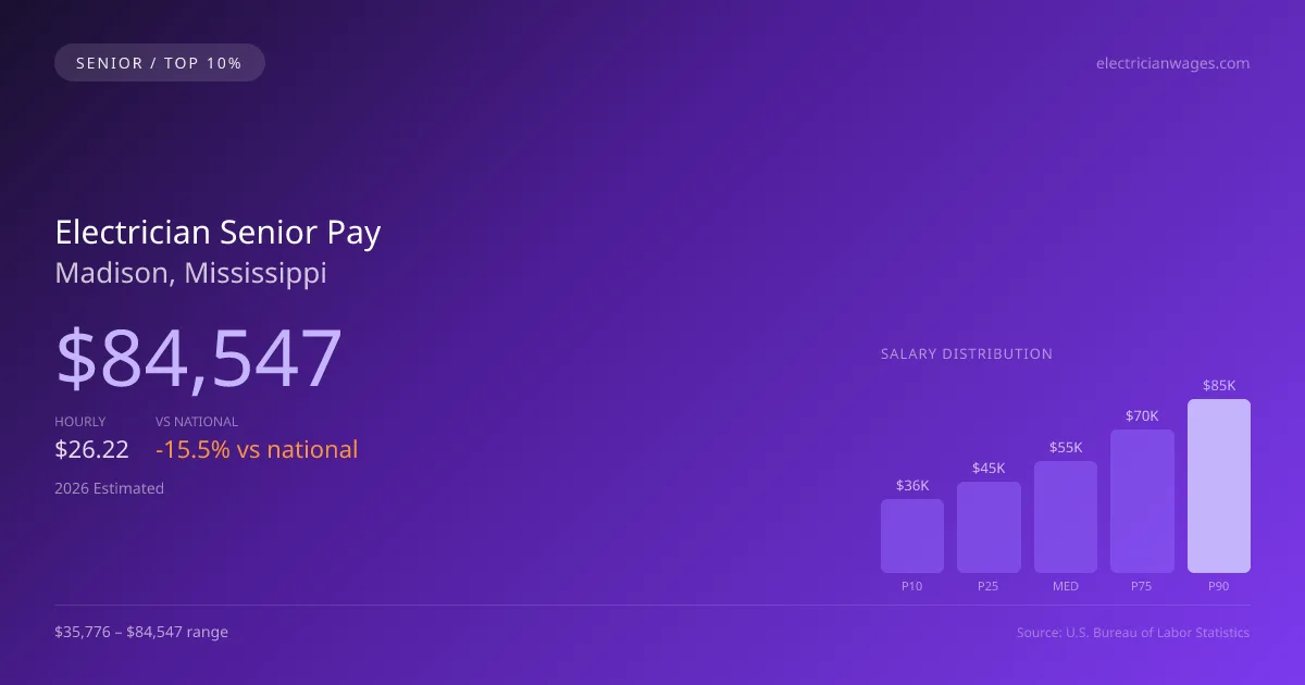 Electrician Senior Salary in Madison, MS — 2026 est., based on 2025 BLS